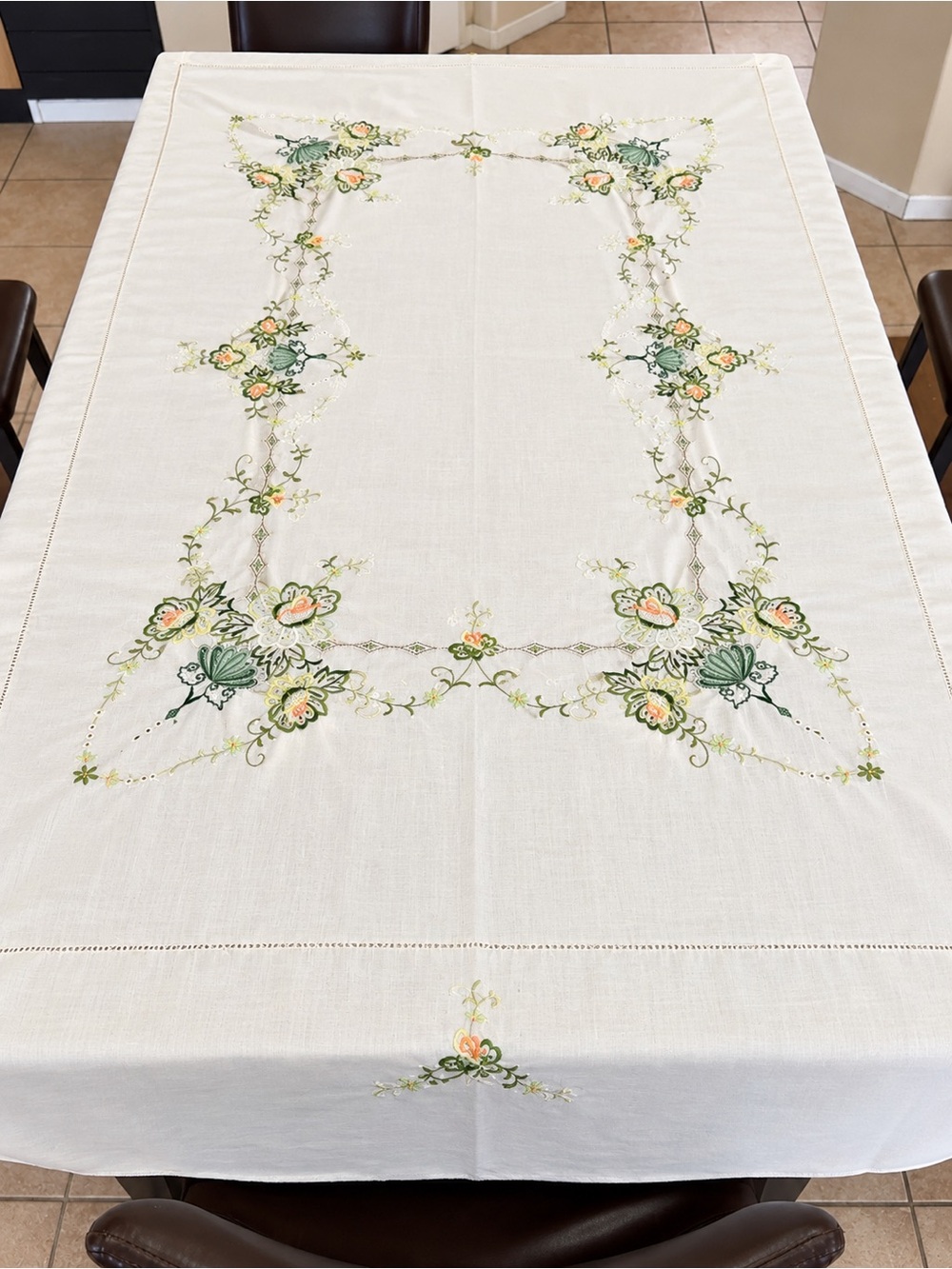 Vintage Style Embroidered Tablecloth 82x64 Off White Floral Cottagecore Linen